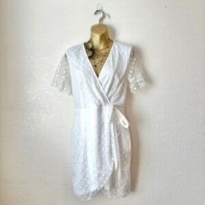 Eilly Bazar White Polka Dot Wrap Dress | Sheer Sleeve Flirty Mini | Size M